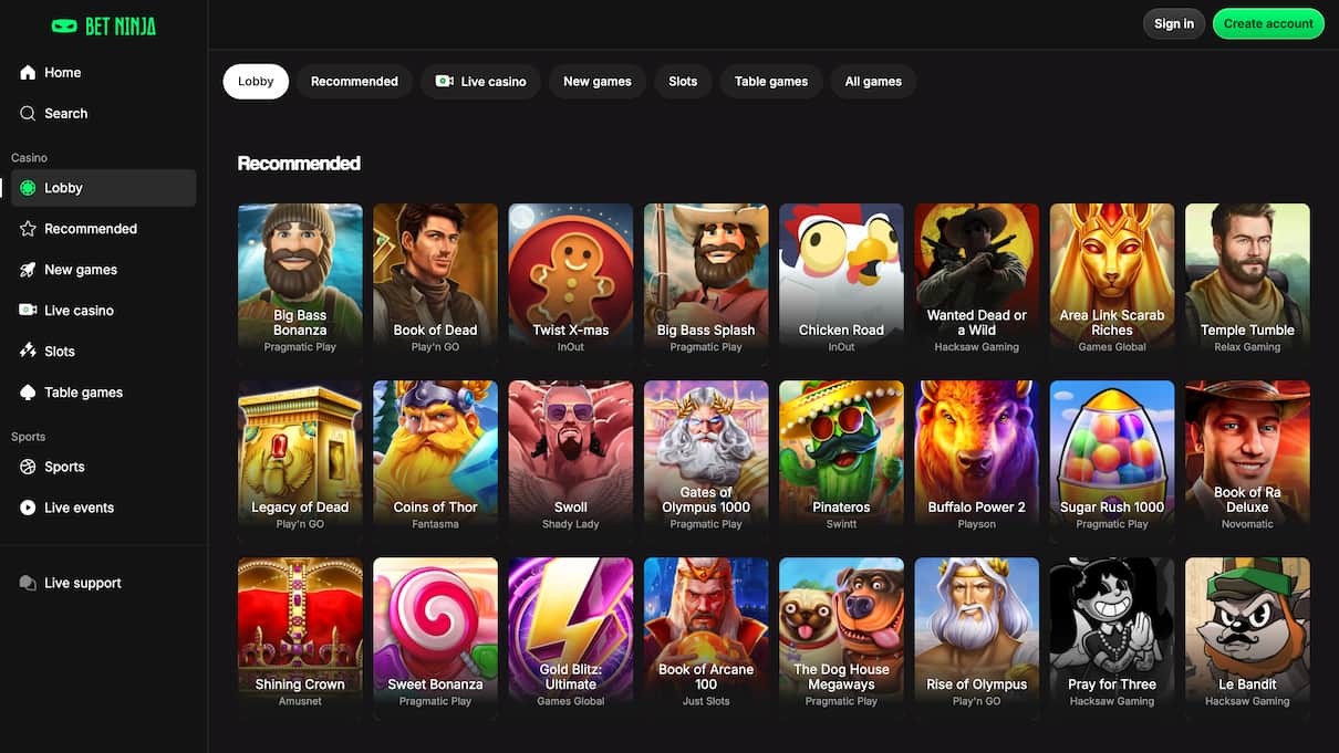 BetNinja Casino Interface